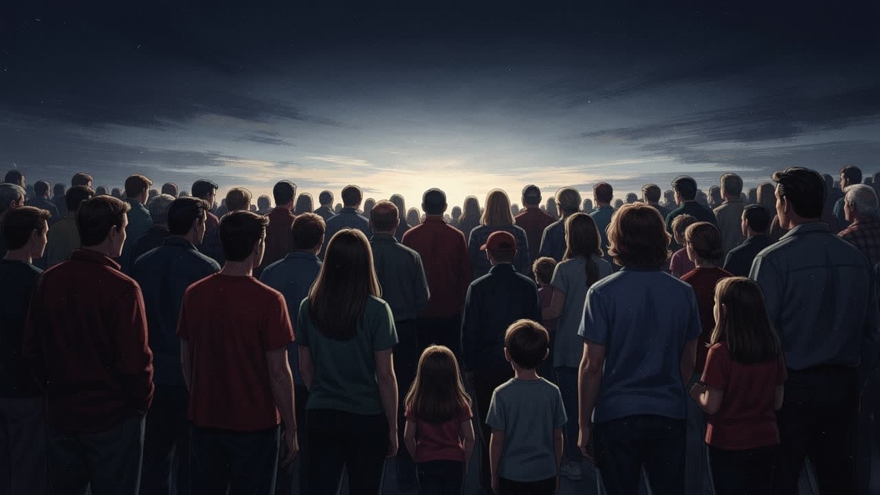 Illustration of a large crowd of adults and children seen from behind, facing a glowing horizon under a dark sky