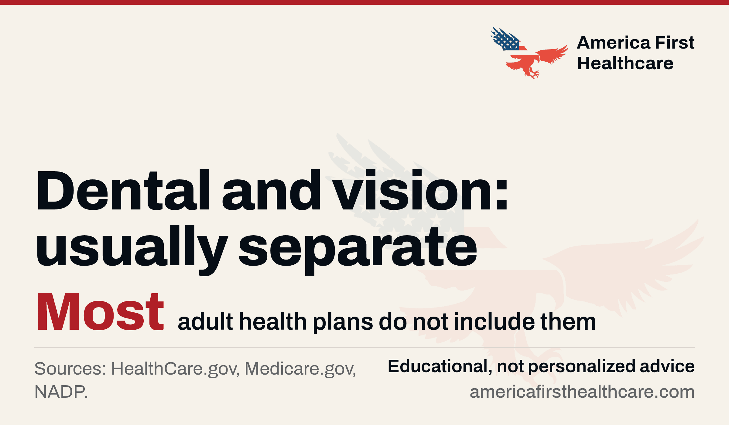 Typographic cover: Dental and vision: usually separate. Most in red, adult health plans do not include them. Footnote: sources HealthCare.gov, Medicare.gov, NADP.