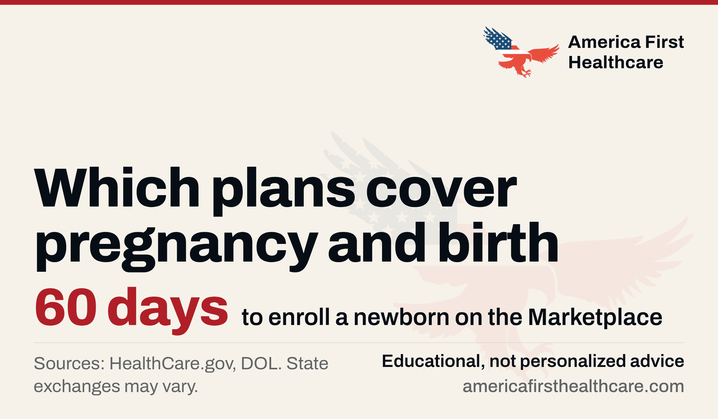 Typographic cover: Which plans cover pregnancy and birth. 60 days in red, to enroll a newborn on the Marketplace. Footnote: sources HealthCare.gov, DOL.