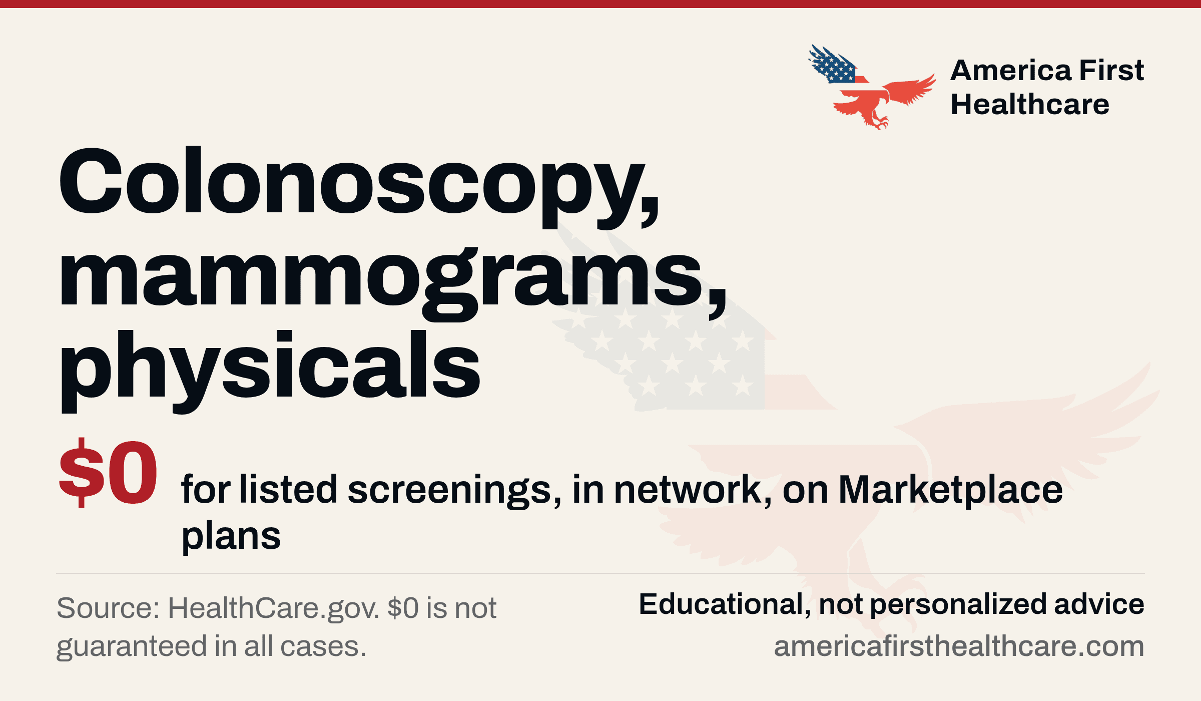 Typographic cover: Colonoscopy, mammograms, physicals. $0 in red, for listed screenings, in network, on Marketplace plans. Footnote: source HealthCare.gov, $0 is not guaranteed in all cases.