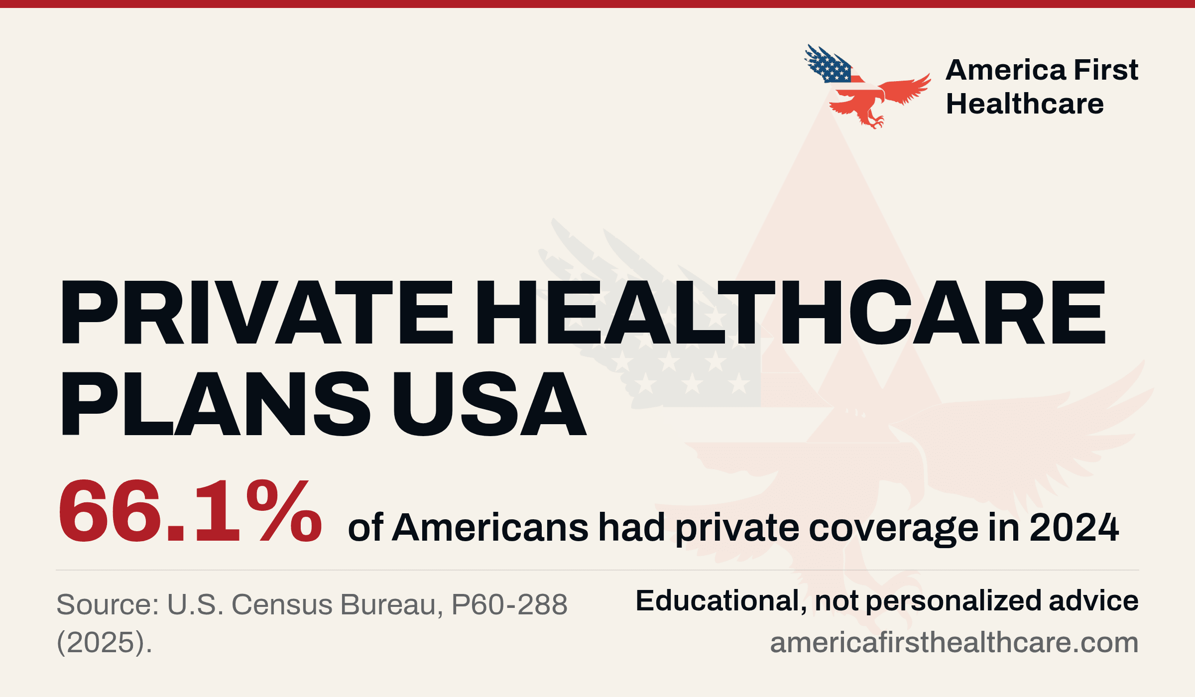 Typographic cover: PRIVATE HEALTHCARE PLANS USA. 66.1% in red, of Americans had private coverage in 2024. Footnote: source U.S. Census Bureau, P60-288.
