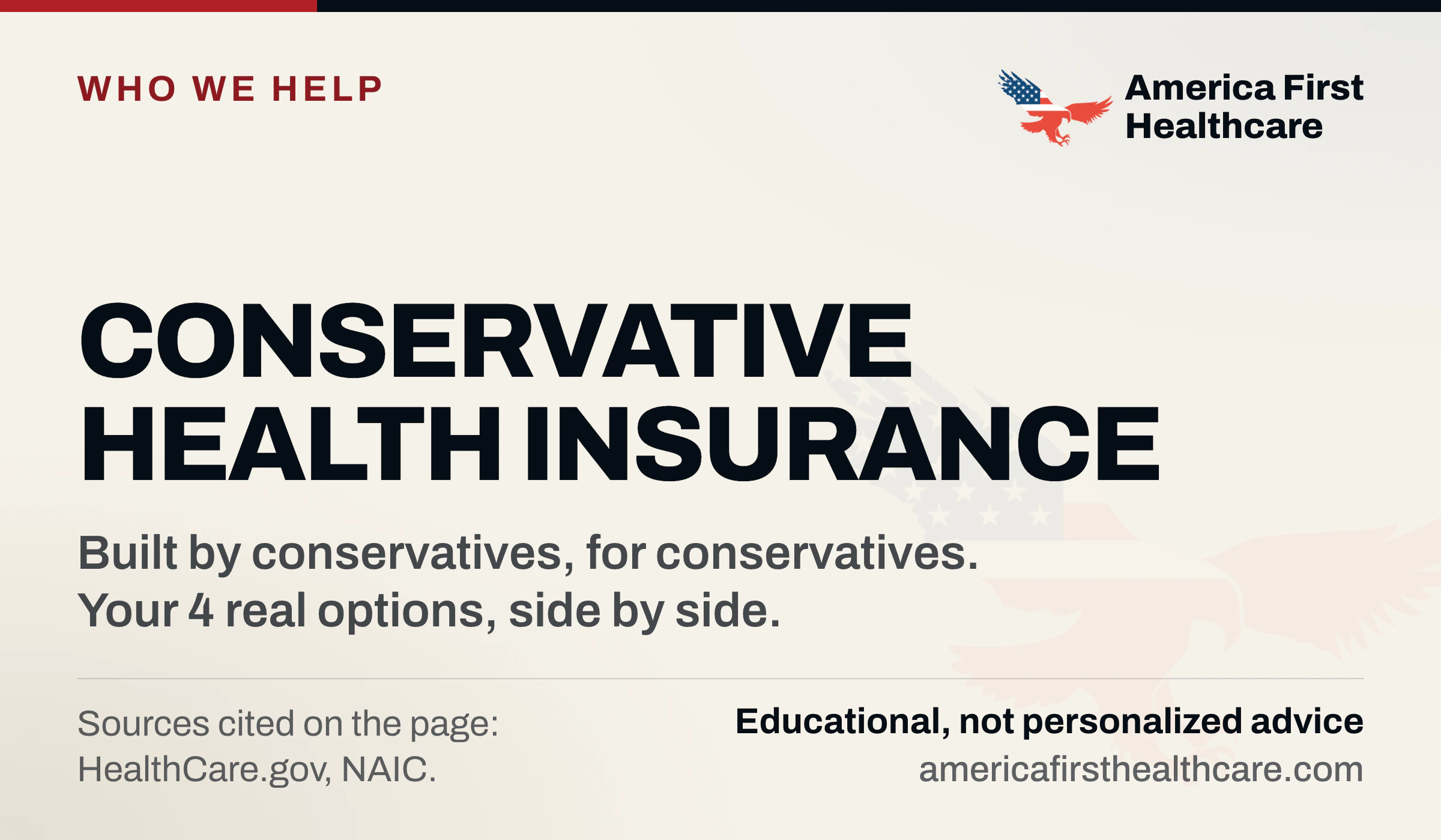 Cover graphic: Conservative health insurance. Built by conservatives, for conservatives. Your 4 real options, side by side. America First Healthcare eagle logo; educational, not personalized advice.