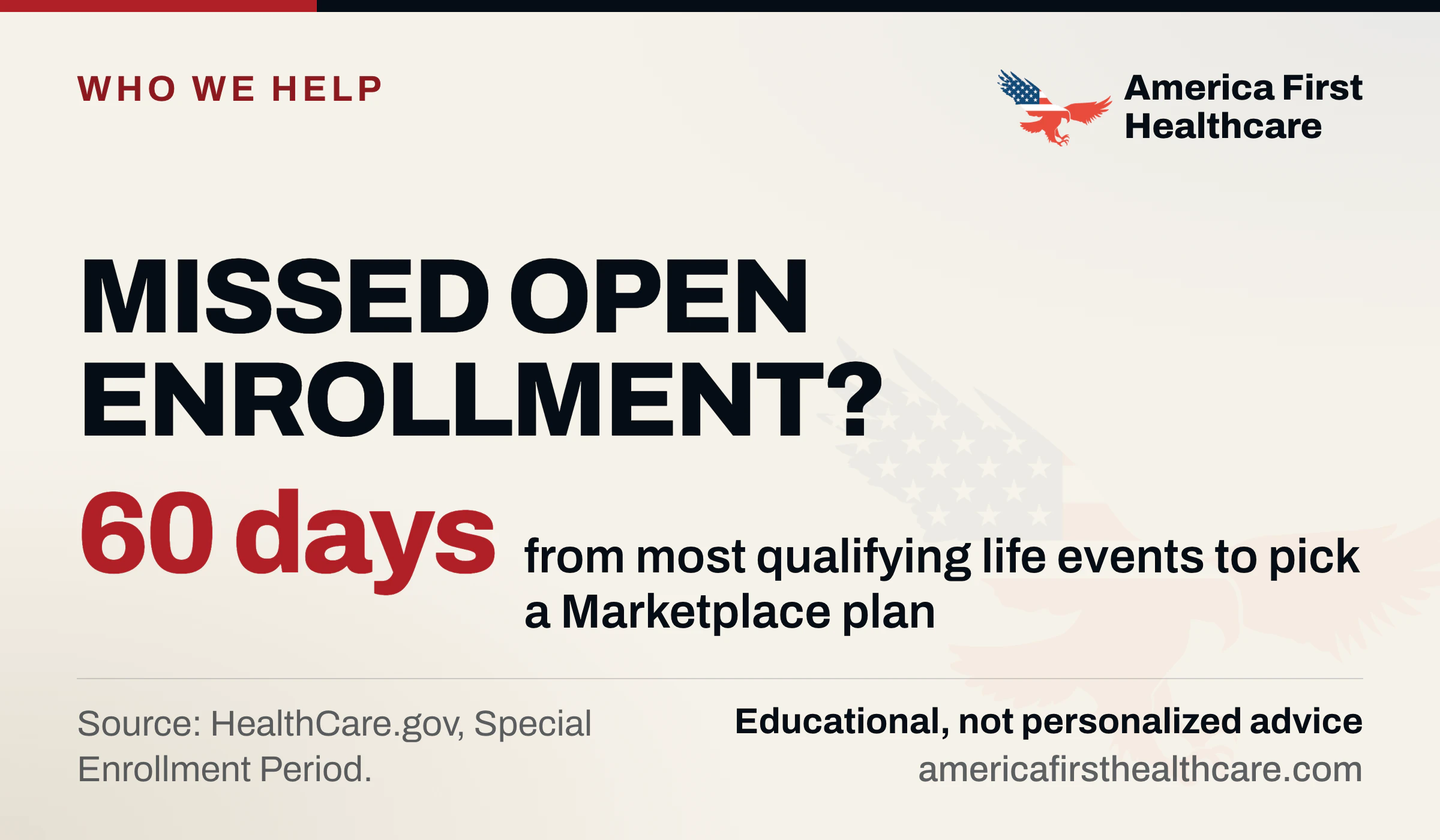 Cover graphic: Missed Open Enrollment? 60 days from most qualifying life events to pick a Marketplace plan. Source: HealthCare.gov. America First Healthcare eagle logo; educational, not personalized advice.