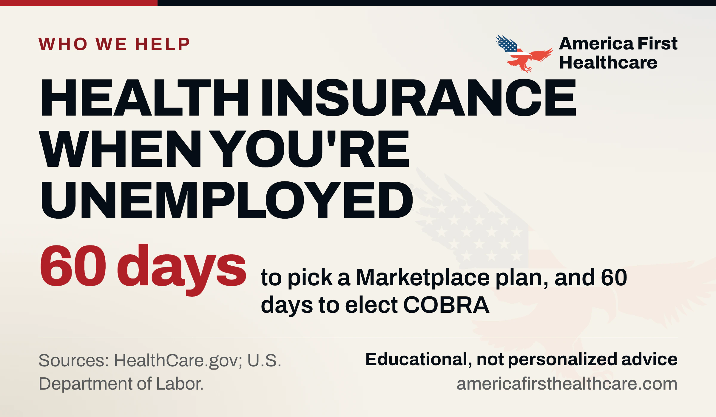 Cover graphic: Health insurance when you're unemployed. 60 days to pick a Marketplace plan, and 60 days to elect COBRA. Sources: HealthCare.gov and U.S. Department of Labor. America First Healthcare eagle logo; educational, not personalized advice.